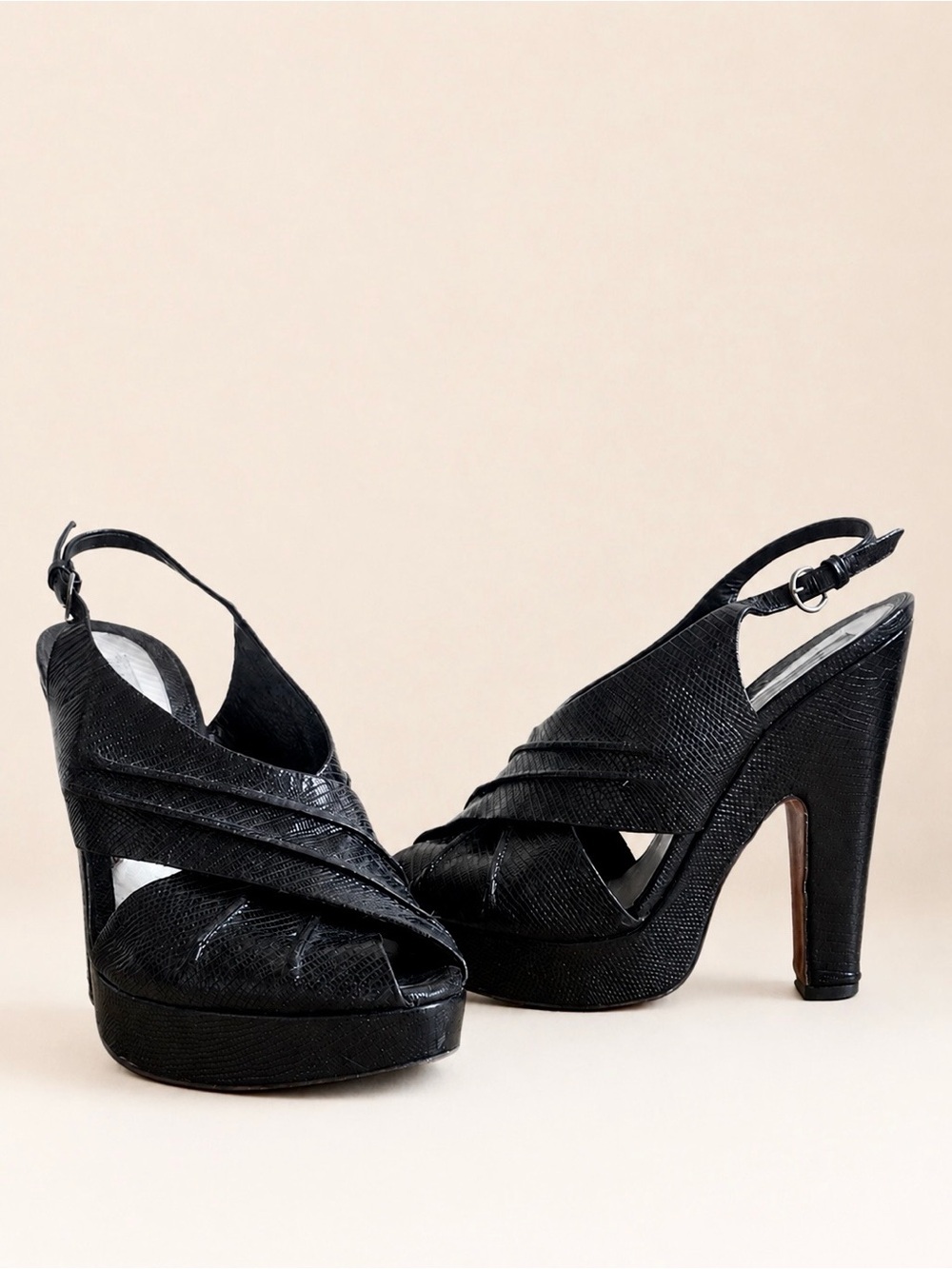 Vintage Moschino Black Reptile Embossed 40s Peep Toe Slingback Platform Heel 9